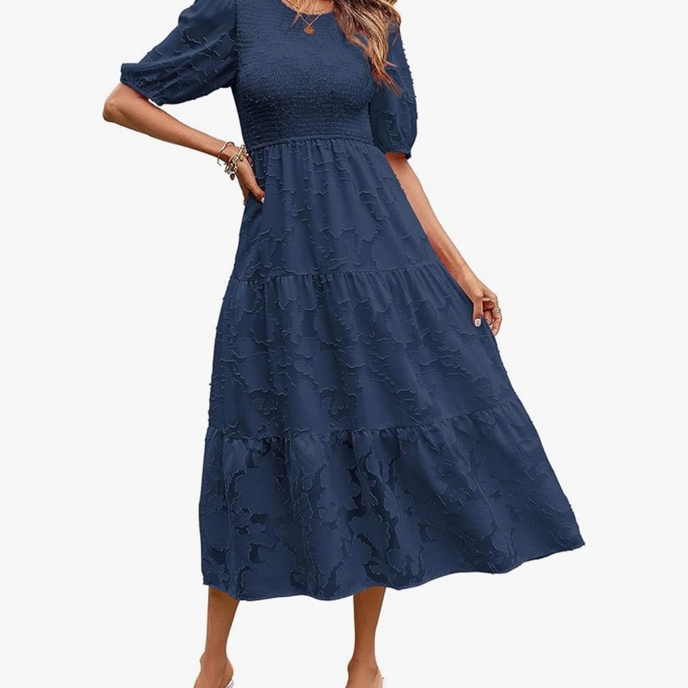 Smocked navy midi dress woman